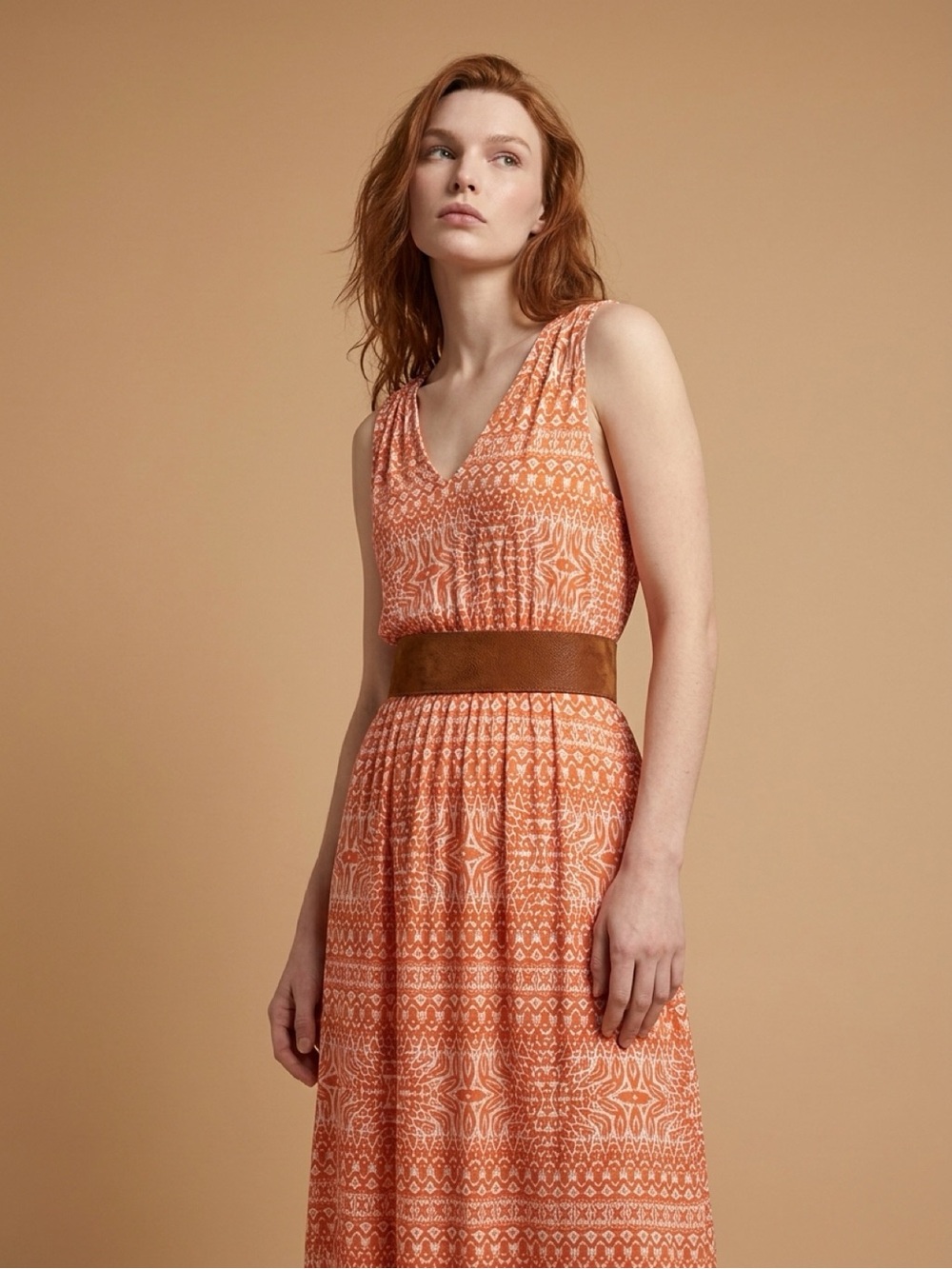 Velvet Coral and White Patterned Sleeveless Maxi Dress with Brown Waist Tie